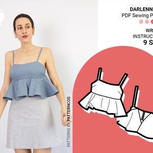 Modello di cucito per top estivo / Modello di camicetta con spalline / Modello di top svasato con volant / Modello di top corto carino / 9 TAGLIE / Modello di cucito PDF