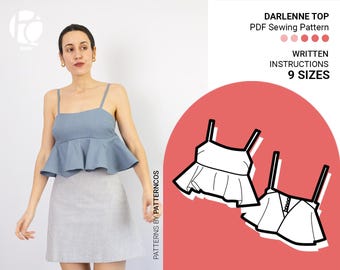 Summer top sewing pattern | Strap blouse pattern | Flared top pattern with ruffles | Cute crop top pattern | 9 SIZES | PDF Sewing pattern