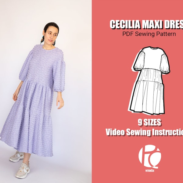 Patron de robe longue oversize à volants | Modèle de robe midi évasée | Modèle de robe méditerranéenne confortable | 9 TAILLES | Patron de couture PDF