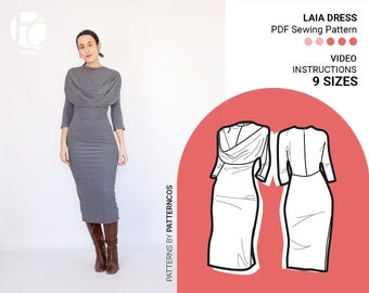 Elastisches Strickkleid Schnittmuster | Cowl neck Kleid Schnittmuster | Schnittmuster zum Kleid drapieren | 9 GRÖßEN | PDF Schnittmuster