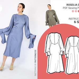 Midi flared Vintage-style sewing pattern | Wedding dress pattern | Elegant Old Money dress | Puffy sleeve | 6 SIZES | PDF Sewing pattern