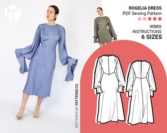 Midi flared Vintage-style sewing pattern | Wedding dress pattern | Elegant Old Money dress | Puffy sleeve | 6 SIZES | PDF Sewing pattern
