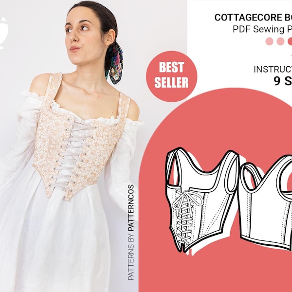 Corset sewing pattern | Cottagecore pattern | Renaissance milkmaid stay pattern | Romantic lace up bodice  | 9 SIZES | PDF Sewing pattern