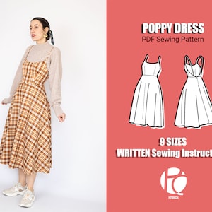 Basic midi dress sewing pattern for women | V back neckline dress pattern | Cottagecore dress  | 9 SIZES | PDF Sewing pattern