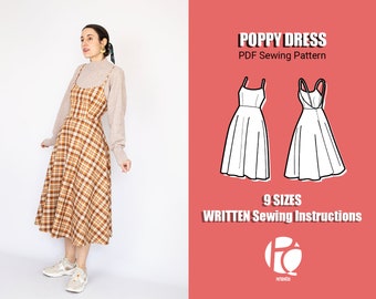 Basic midi dress sewing pattern for women | V back neckline dress pattern | Cottagecore dress  | 9 SIZES | PDF Sewing pattern