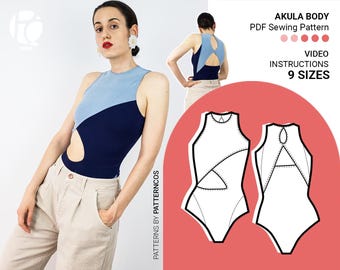 Elastischer Körper Schnittmuster | Stretch Bicolor Top Muster | Haut Fensterbluse | 9 GRÖßEN | Digitales PDF-Schnittmuster