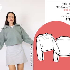 Basic Pullover Schnittmuster | Schnittmuster Sweatshirt für Webstoffe | Offener Rollkragenpullover aus Jersey mit Muster | 9 GRÖßEN | PDF Schnittmuster