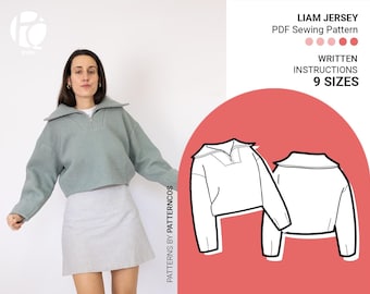 Basic jumper sewing pattern | Sweatshirt pattern for woven & knit fabrics | Open turtleneck jersey pattern | 9 SIZES | PDF Sewing pattern