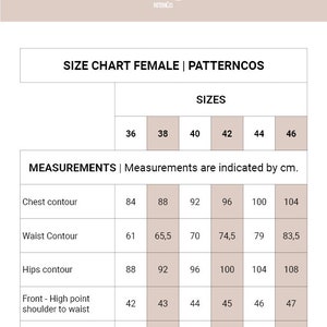 Peut inclure: Tableau des tailles pour v&ecirc;tements f&eacute;minins avec des mesures en centim&egrave;tres pour la poitrine, la taille, les hanches, l'&eacute;paule avant &agrave; la taille et l'&eacute;paule arri&egrave;re &agrave; la taille. Les tailles vont de 36 &agrave; 46.