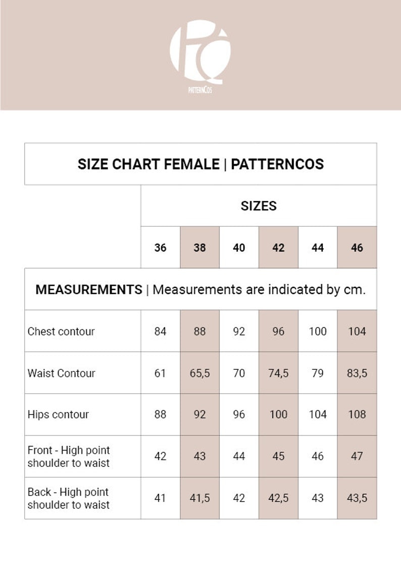 Peut inclure: Tableau des tailles pour v&ecirc;tements f&eacute;minins avec des mesures en centim&egrave;tres pour la poitrine, la taille, les hanches, l'&eacute;paule avant &agrave; la taille et l'&eacute;paule arri&egrave;re &agrave; la taille. Les tailles vont de 36 &agrave; 46.