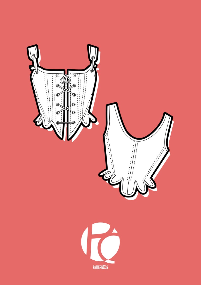 May include: Line drawing of a white corset with a lace-up front and decorative edging, and a second corset piece. The image is set against a coral background. The logo for PatternCos is in the lower right corner.