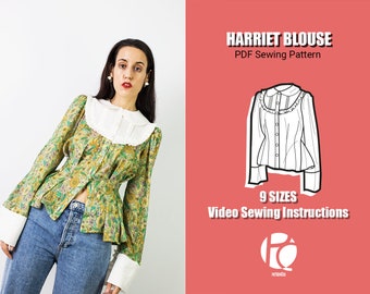 Harriet romantic blouse sewing pattern for women | Victorian inspired shirt pattern | Buttoned top pattern | 9 SIZES | PDF Sewing pattern