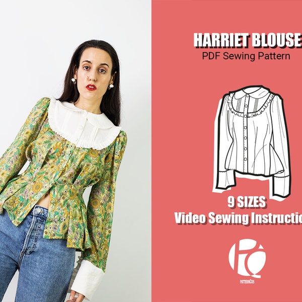 Harriet romantic blouse sewing pattern for women | Victorian inspired shirt pattern | Buttoned top pattern | 9 SIZES | PDF Sewing pattern