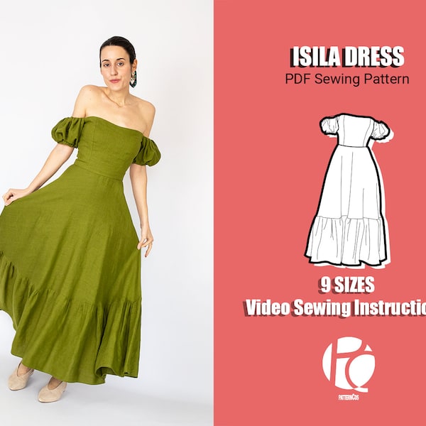 Isila Midi A silhouette ruffled dress sewing pattern | Off-shoulder cocktail dress pattern | Wedding dress | 9 SIZES | PDF Sewing pattern