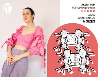 Wickelbluse Schnittmuster | Sommer Crop Top Muster | Hinten geschnürt Bluse Muster | Schößchen Bluse Schnittmuster | 6 GRÖßEN | PDF Schnittmuster