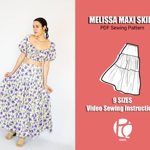 Melissa tiered maxi skirt sewing pattern | Gathered long skirt pattern | Cute flared skirt pattern for women  | 9 SIZES | PDF Sewing pattern