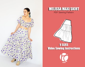 Melissa tiered maxi skirt sewing pattern | Gathered long skirt pattern | Cute flared skirt pattern for women  | 9 SIZES | PDF Sewing pattern