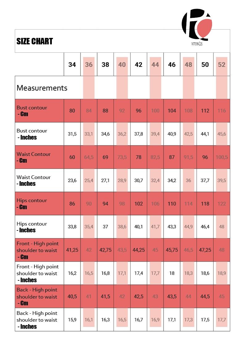 K&ouml;nnte beinhalten: Gr&ouml;&szlig;entabelle mit Ma&szlig;en in Zentimetern und Zoll. Enth&auml;lt Brust-, Taillen- und H&uuml;ftumfang sowie vordere und hintere Schulter-zu-Taille-Ma&szlig;e. Gr&ouml;&szlig;en von 34 bis 52.