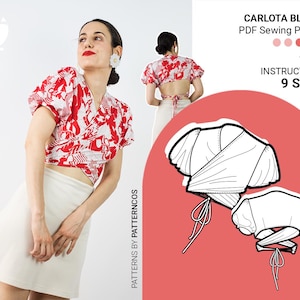 Wrap crop blouse sewing pattern | Crop top pattern for summer | Back lace up blouse pattern | 9 SIZES | PDF Sewing pattern