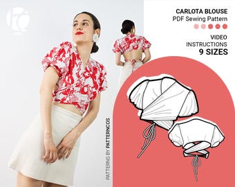 Schnittmuster für eine kurze Wickelbluse | Crop Top Muster für den Sommer | Hinten geschnürt Bluse Muster | 9 GRÖßEN | PDF Schnittmuster