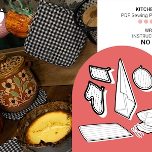 May include: A kitchen-themed image featuring a PDF sewing pattern with written instructions and no size information. The image includes a ceramic pot, a black and white checkered oven mitt, and a baked dessert. The pattern includes a potholder, oven mitt, towel, and more.