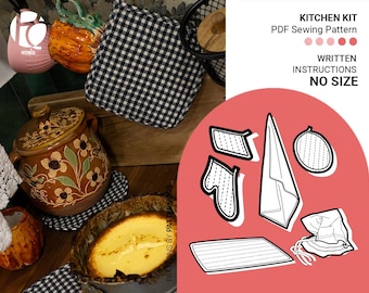 Kitchen kit sewing pattern for home decor | Baking mittens and oven glove | Place mat | Discloth | Vegetable bag | PDF Sewing pattern