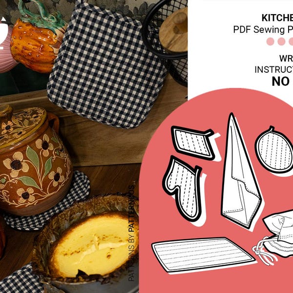 Patron de couture de kit de cuisine pour la décoration intérieure | Mitaines et gants de cuisine | Set de table | Débarbouillette | Sac à légumes | Patron de couture PDF