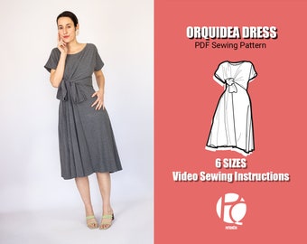 Midi tied dress sewing pattern | Flared dress pattern for women | Drape tied blouse pattern | Cozy dress | 6 SIZES | PDF Sewing patter