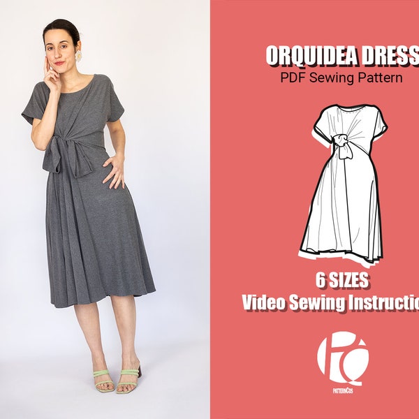Schnittmuster für ein Midi Kleid mit Schnürung | Schnittmuster für ausgestellte Kleider | Drapieren gebunden Bluse Muster | Gemütliches Kleid | 6 GRÖßEN | PDF Schnittmuster