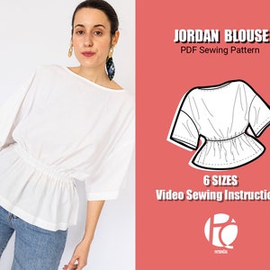 Wide Elastic Fitted Waist Blouse sewing pattern | Easy top pattern for women | Cozy blouse design | 6 SIZES | PDF Sewing pattern