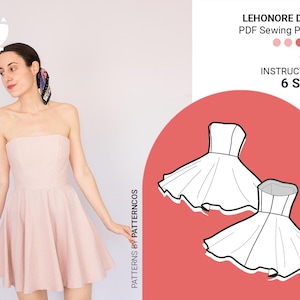 Cocktail strapless neckline dress sewing pattern | Easy mini dress pattern | Circle skirt pattern for women | 6 SIZES | PDF Sewing pattern