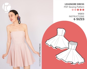 Cocktail strapless neckline dress sewing pattern | Easy mini dress pattern | Circle skirt pattern for women | 6 SIZES | PDF Sewing pattern