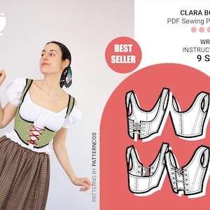 Könnte beinhalten: Eine Frau trägt ein grün-weißes Mieder mit roter Schnürung, kombiniert mit einem braunen karierten Rock und einer weißen Bluse. Das Bild zeigt auch ein PDF-Schnittmuster für ein Clara-Mieder mit schriftlicher Anleitung und neun Größen.