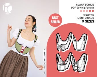 Underbust corset sewing pattern | Milkmaid bodice pattern | Back and front lace-up corset cottagecore pattern | 9 SIZES | PDF Sewing pattern
