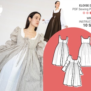 May include: An image featuring a woman wearing a beige and white floral print dress with long sleeves and a white underskirt. The image also includes a PDF sewing pattern for the Eloise Dress, with written instructions and 10 sizes.