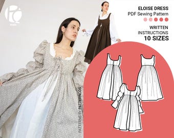 Medieval Renaissance dress sewing pattern | Ren Faire vest pattern | Princess nightgown pattern | 10 SIZES | PDF Sewing pattern