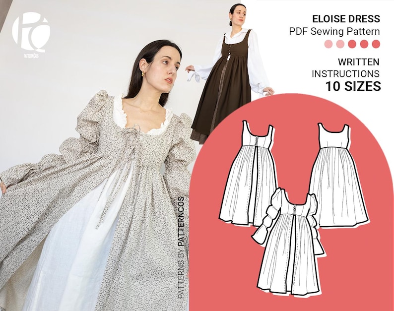 May include: An image featuring a woman wearing a beige and white floral print dress with long sleeves and a white underskirt. The image also includes a PDF sewing pattern for the Eloise Dress, with written instructions and 10 sizes.