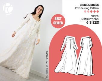 Molde para vestido estilo cotehardie medieval | Molde para vestido de noiva de conto de fadas | Molde para vestido formal | 6 TAMANHOS | Molde em PDF