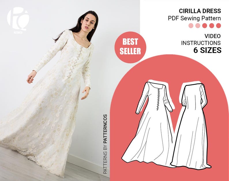 Patron de couture de robe médiévale de style cotehardie | Modèle de robe de mariée féerique | Un patron de robe de soirée | 6 TAILLES | Patron de couture PDF image 1