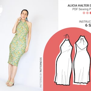 Halter midi dress sewing pattern | Silky slip dress pattern | Back open dress pattern for bias | 6 SIZES | PDF Sewing pattern