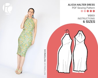 Neckholder Midi Kleid Schnittmuster | Seidiges Slip-Kleid Schnittmuster | Hinten offenes Kleiderschnittmuster für Schrägband | 6 GRÖßEN | PDF Schnittmuster