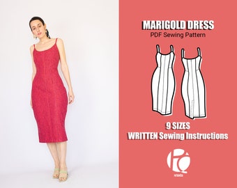 Midi pencil dress sewing pattern | Elegant dress pattern | Pencil skirt pattern for women | Cute strap dress | 9 SIZES | PDF Sewing pattern