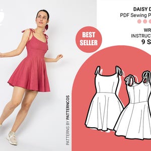 Modello di cucito per abito facile / Modello di gonna circolare svasata / Modello di mini abito per donna / Grazioso abito con spalline / 9 TAGLIE / Modello di cucito PDF