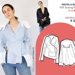 Loose fit blouse sewing pattern | Draping blouse pattern | Trendy long sleeve | Cozy silky shirt pattern |9 SIZES | PDF Sewing pattern