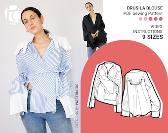Locker geschnittene Bluse Schnittmuster | Drapierende Bluse mit Muster | Trendiges Longsleeve | Gemütliches seidiges Shirt Schnittmuster |9 SIZES | PDF Schnittmuster