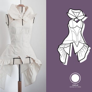 May include: A white dress with a large collar and a ruffled skirt. The dress is on a white mannequin. The dress is a sewing pattern for cosplay.