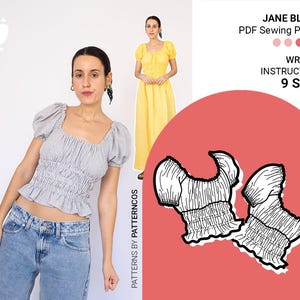 Naaipatroon elastische blouse | Casual toppatroon voor de zomer | Basisjurkpatroon en pofmouwen | 9 MATEN | PDF-naaipatroon