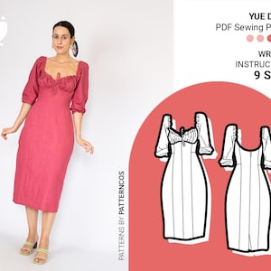 Naaipatroon midi-jurk bruiloftsgast | Elegant jurkpatroon voor dames | Kokerrokpatroon | 9 MATEN | Digitaal pdf-naaipatroon