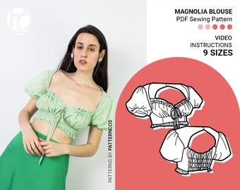Romantische Bluse mit Ballonärmel Muster. Sommer Crop Top digitales Muster | 9 GRÖßEN | PDF Schnittmuster