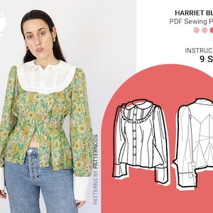 Harriet romantic blouse sewing pattern for women | Victorian inspired shirt pattern | Buttoned top pattern | 9 SIZES | PDF Sewing pattern